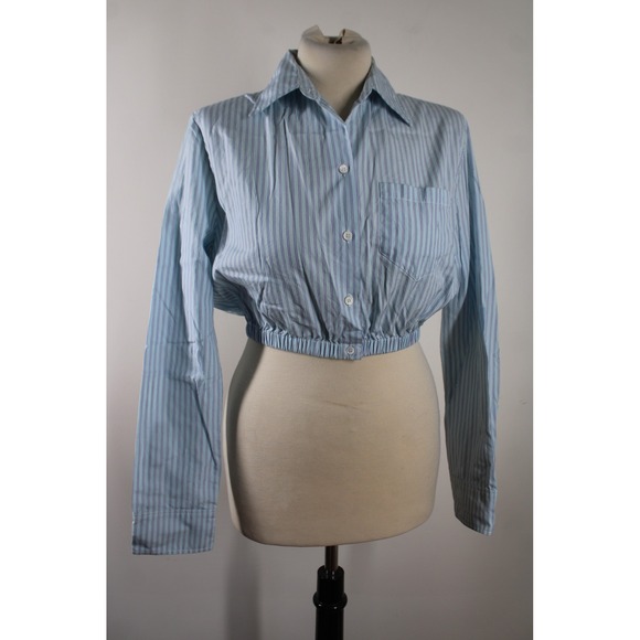 Maje Tops - Maje Size M? Blue Striped Poplin Cropped Button Down Shirt Top Elastic Hem